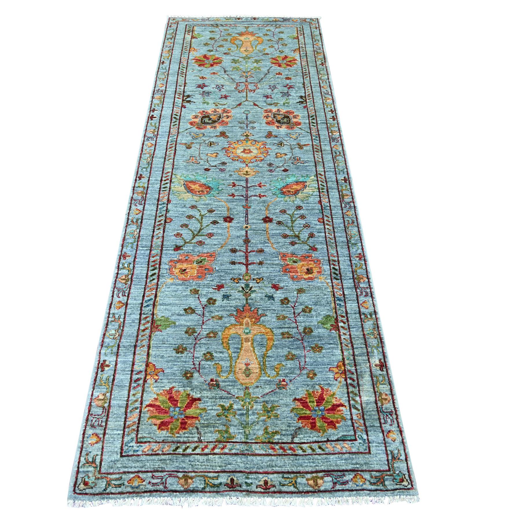 2'10"x8'5" Light Blue, Fine Afghan Sultani with All Over Design, Vegetable Dyes, Hand Knotted, 100% Wool, Runner, Oriental Rug 